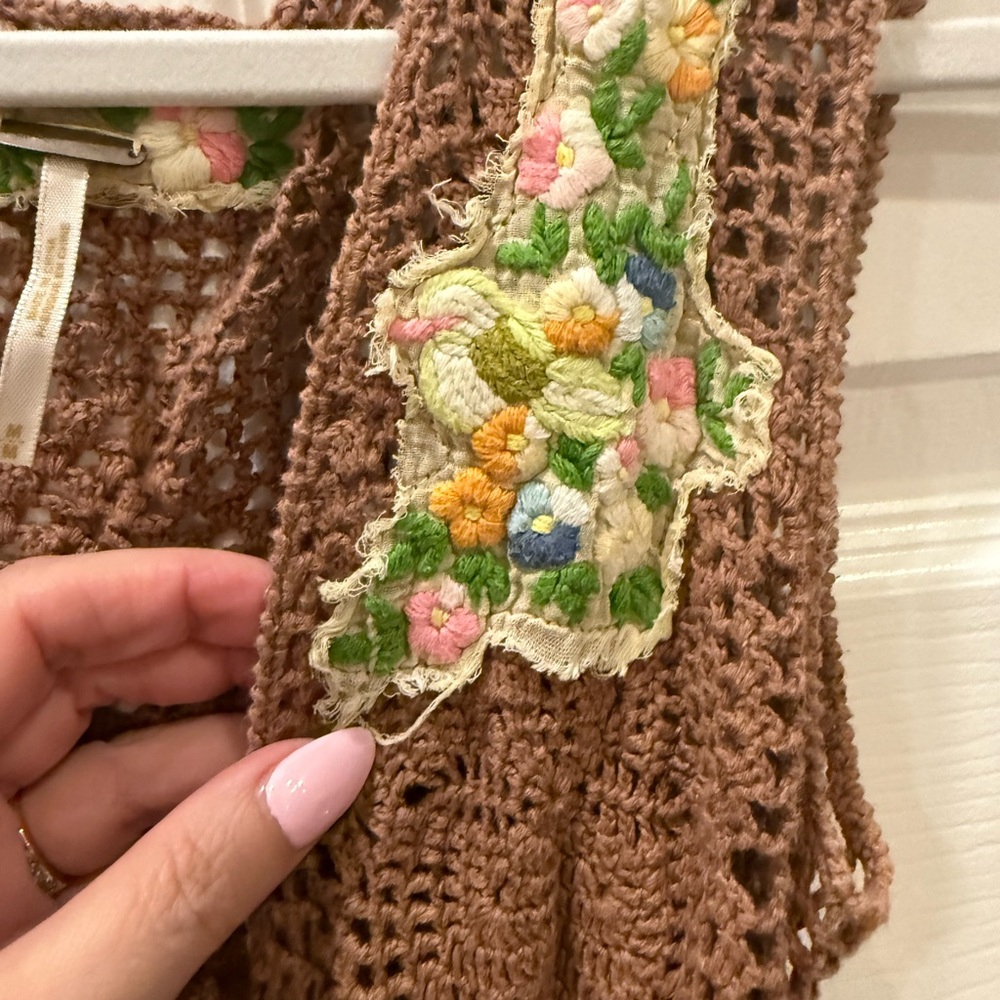 Free People Brown and Lavender Crochet Tie-Front Vest with Floral Patch - Picture 2 of 6
